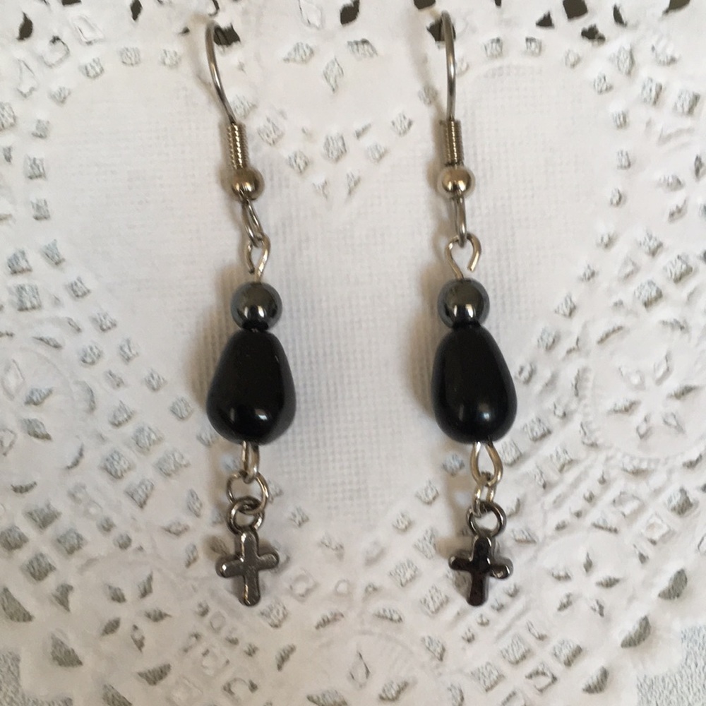 Hematite Drop Earrings Black Glass Bead Cross